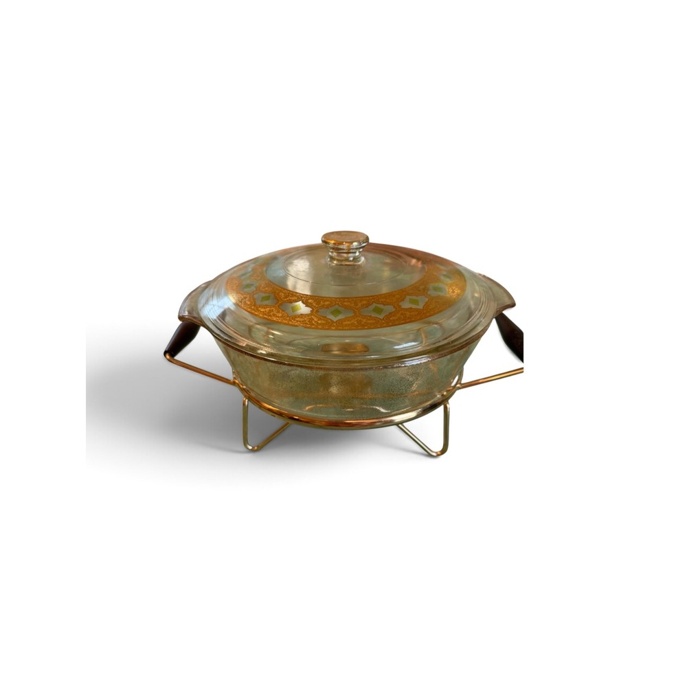 Vtg MCM Fire King Glass Casserole Dish with Gold Turquoise Lid and Warming Stand
